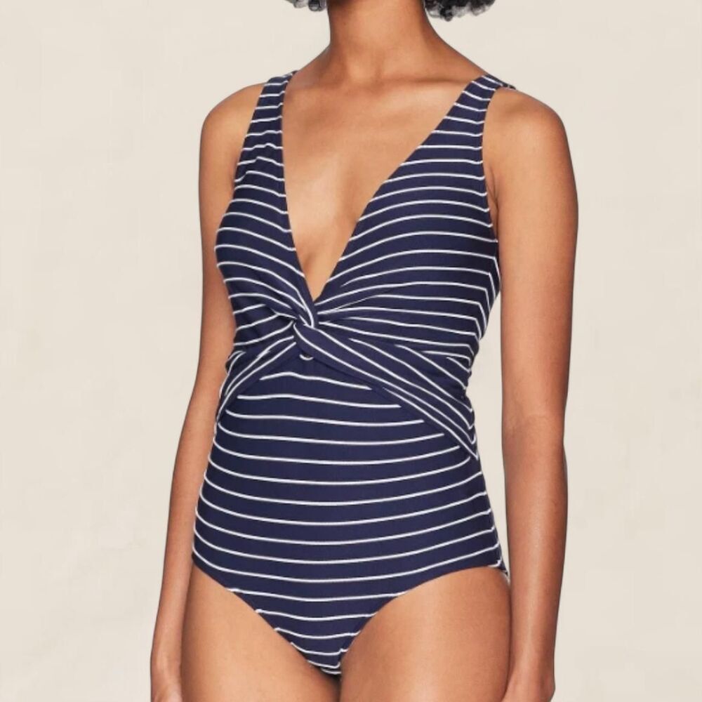 Jonathan Simkhai navy striped Plunging one piece swimsuit Size Medium NWT